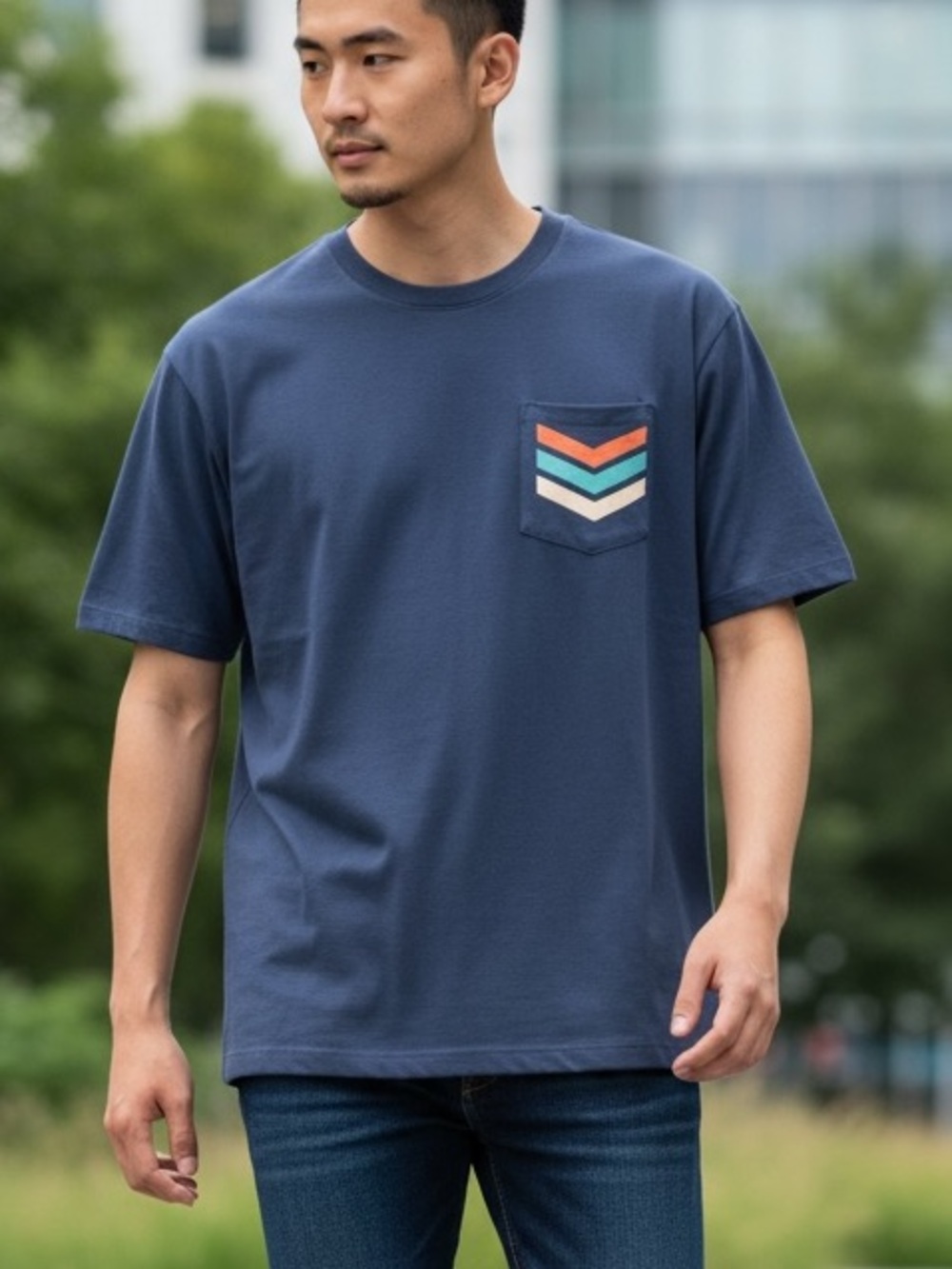 Marine Layer Short-Sleeve Pocket Tee with Chevron Stripes - Size L/XL